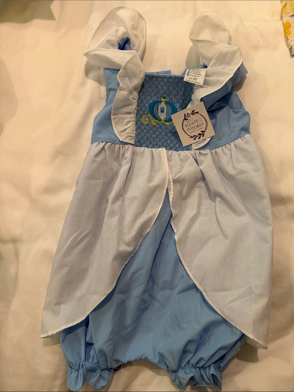 Pleats & Stitches 3T Cinderella Smocked Buble Romper with Ruffle Straps
